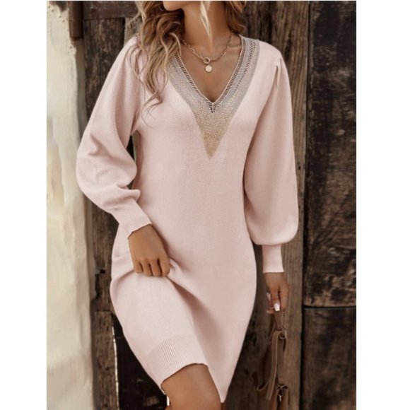 . Dresses & Skirts - Baby Pink Preppy Womens Guipure Lace Insert Lantern Sleeve Sweater Dress